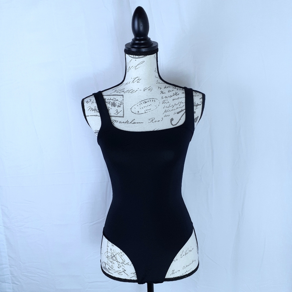 Bodysuit Thong Tank Top Square Neck Black Medium